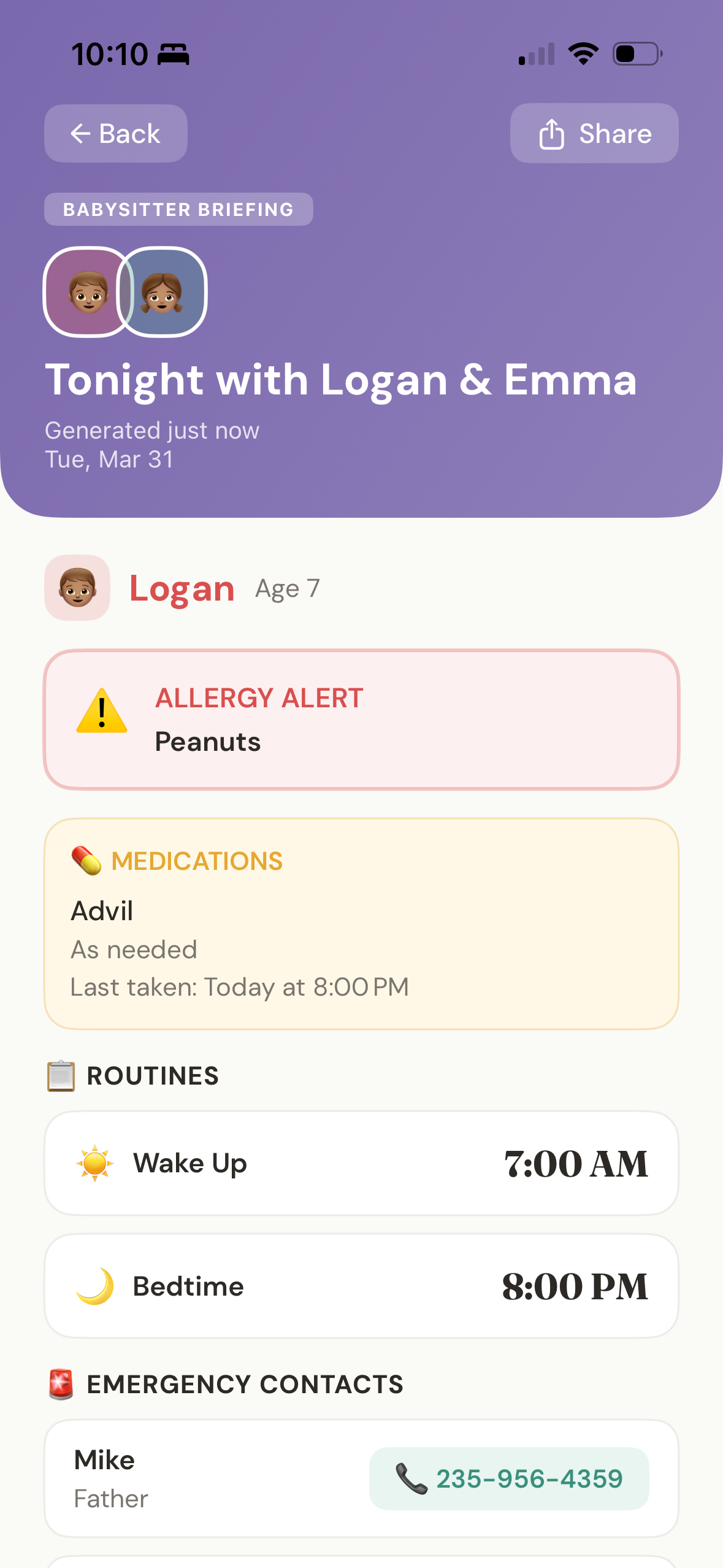 KidSync Caregiver Briefing - Shareable care info