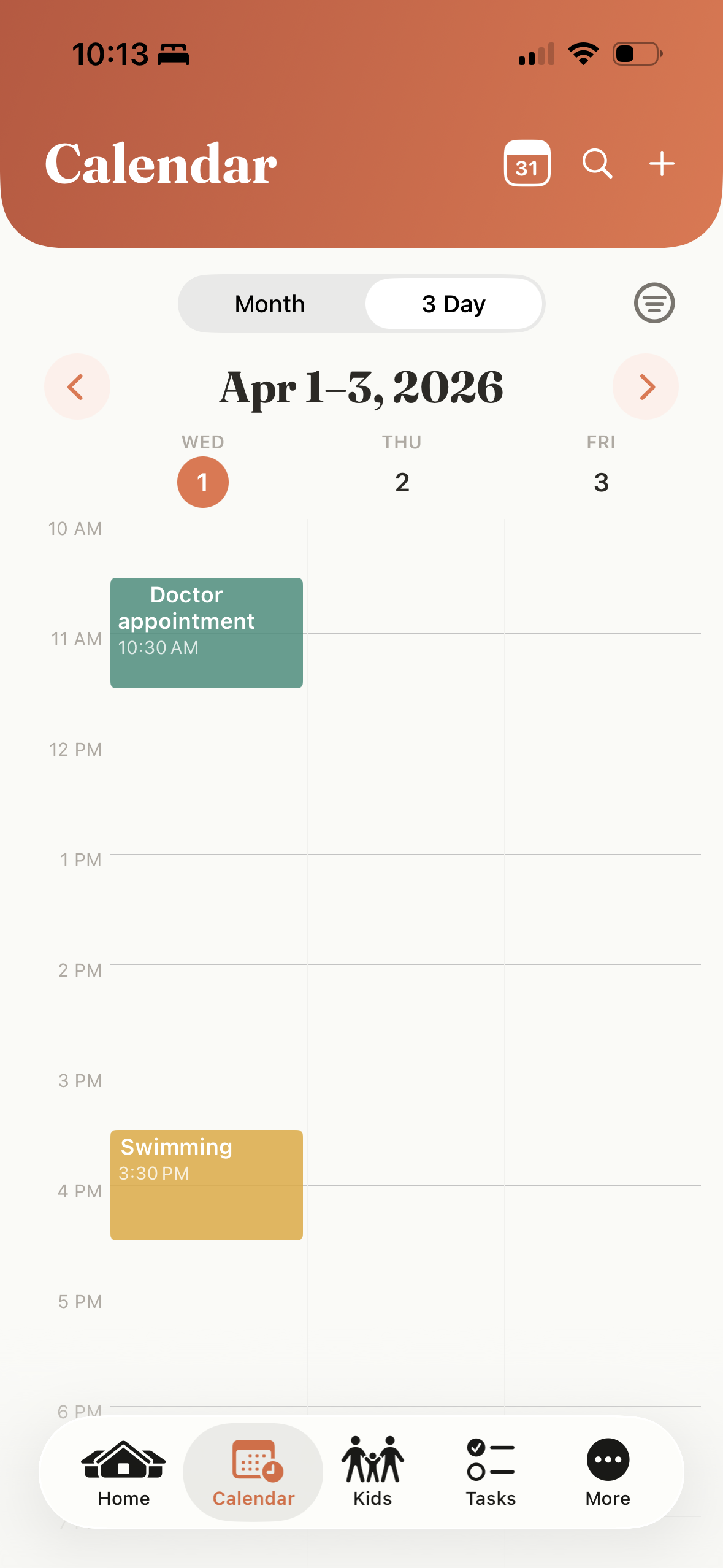 KidSync Calendar - 3-day schedule view